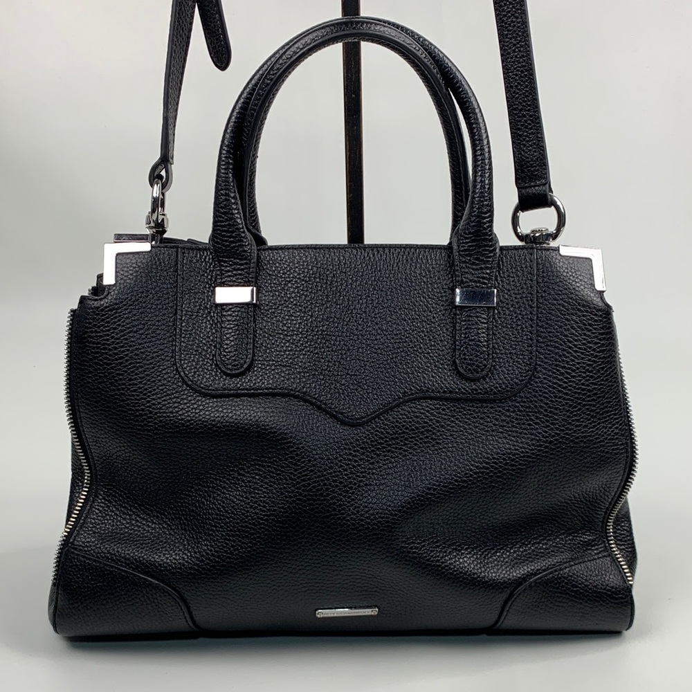 Rebecca Minkoff Black Leather Handbag Silver Zipper Crossbody Strap Pockets